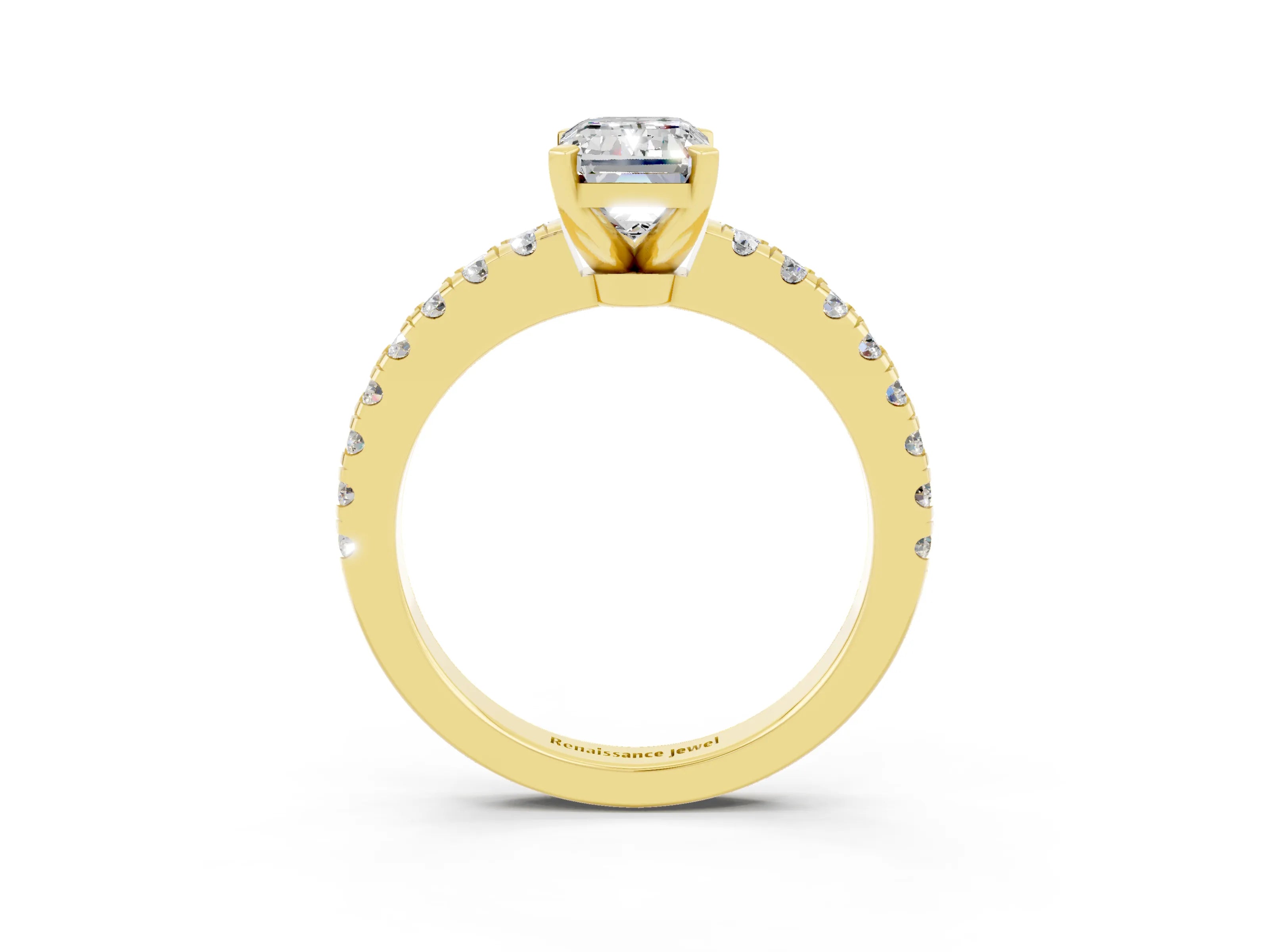 Yellow gold Emerald Cut Solitaire Diamond with Pavé Band and Four-Prong Setting_3