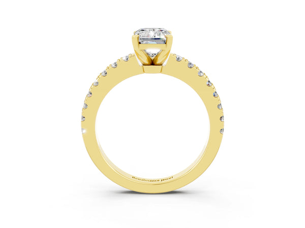 Yellow gold Emerald Cut Solitaire Moissanite with Pavé Band and Four-Prong Setting