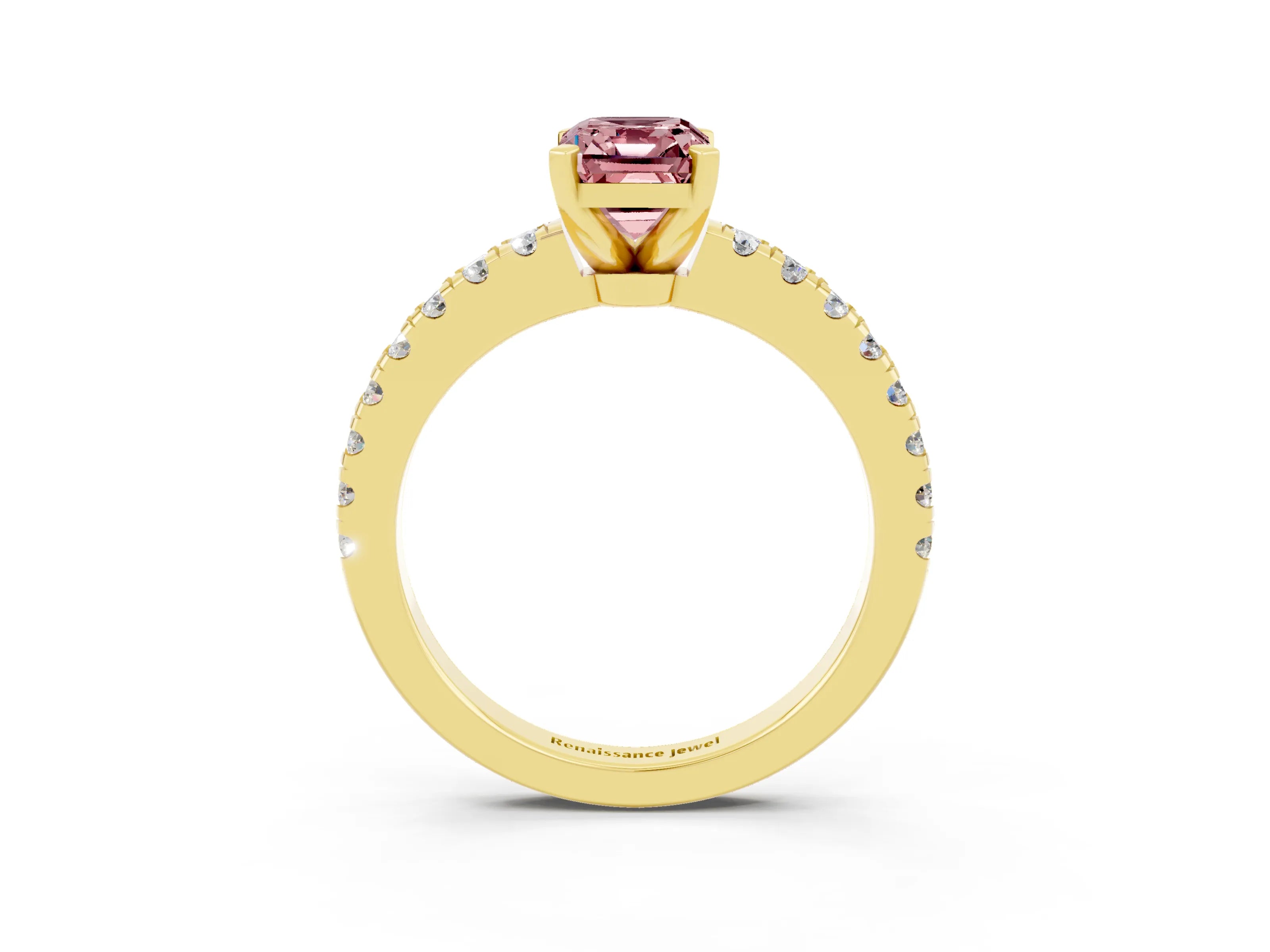 Yellow gold Emerald Cut Solitaire Diamond with Pavé Band and Four-Prong Setting_3