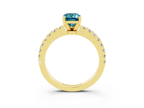 Yellow gold Emerald Cut Solitaire Diamond with Pavé Band and Four-Prong Setting