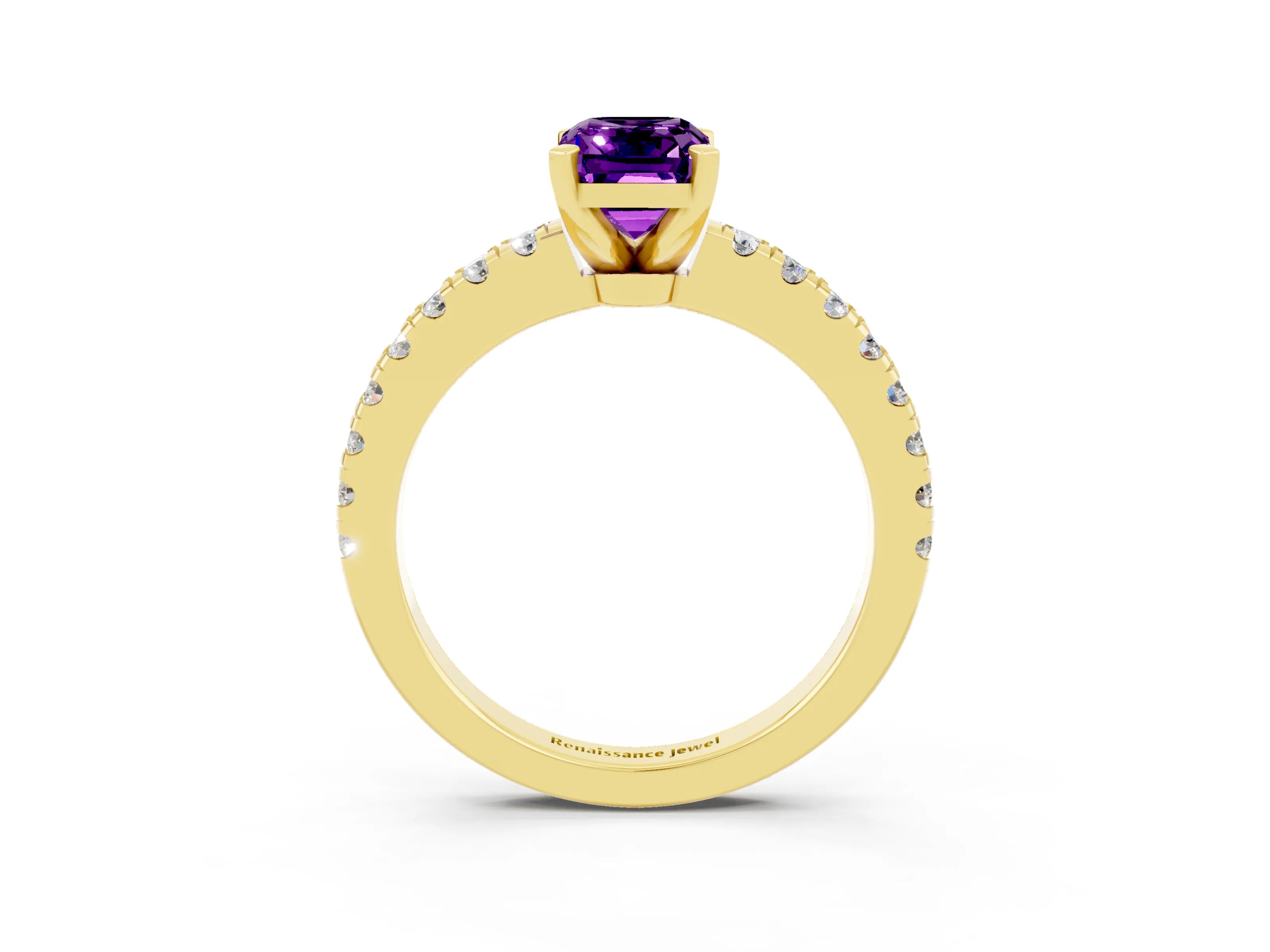 Yellow gold Emerald Cut Solitaire Diamond with Pavé Band and Four-Prong Setting_3