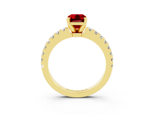 Yellow gold Emerald Cut Solitaire Ruby with Pavé Band and Four-Prong Setting