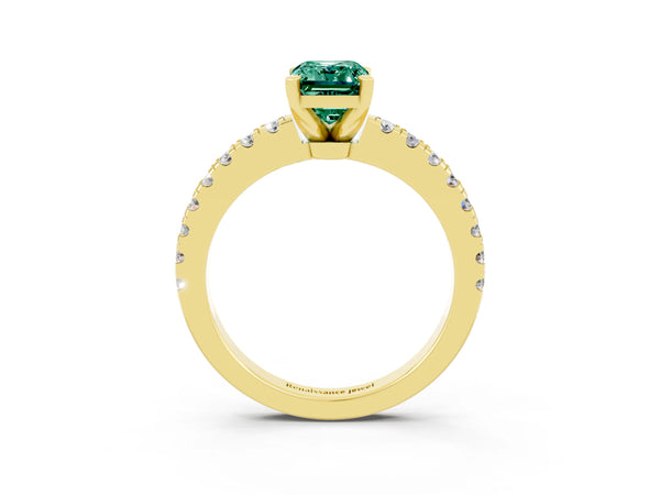 Yellow gold Emerald Cut Solitaire Green Sapphire with Pavé Band and Four-Prong Setting