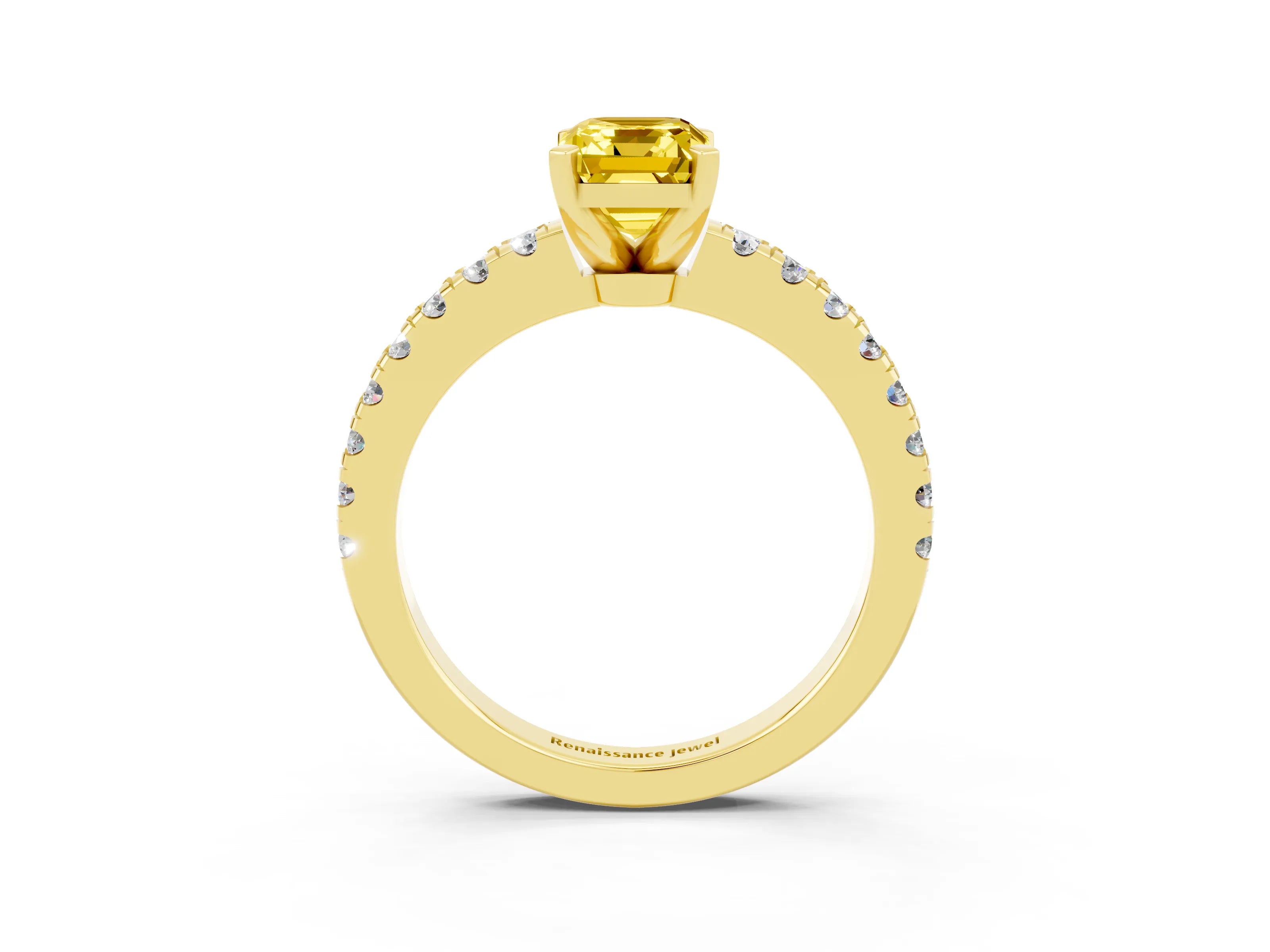 Yellow gold Emerald Cut Solitaire Diamond with Pavé Band and Four-Prong Setting_3