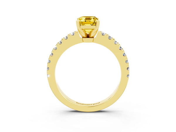 Yellow gold Emerald Cut Solitaire Yellow Sapphire with Pavé Band and Four-Prong Setting