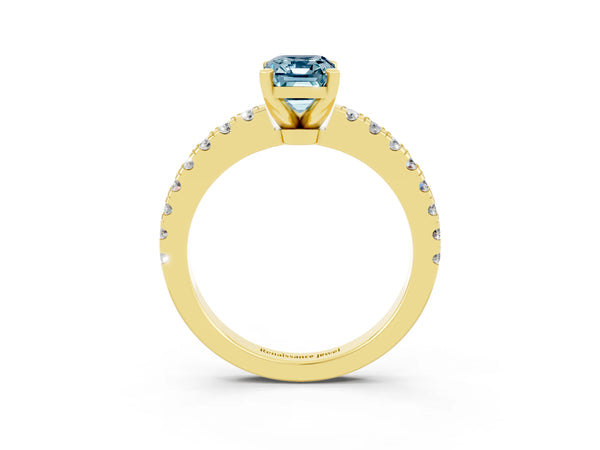 Yellow gold Emerald Cut Solitaire Aquamarine with Pavé Band and Four-Prong Setting