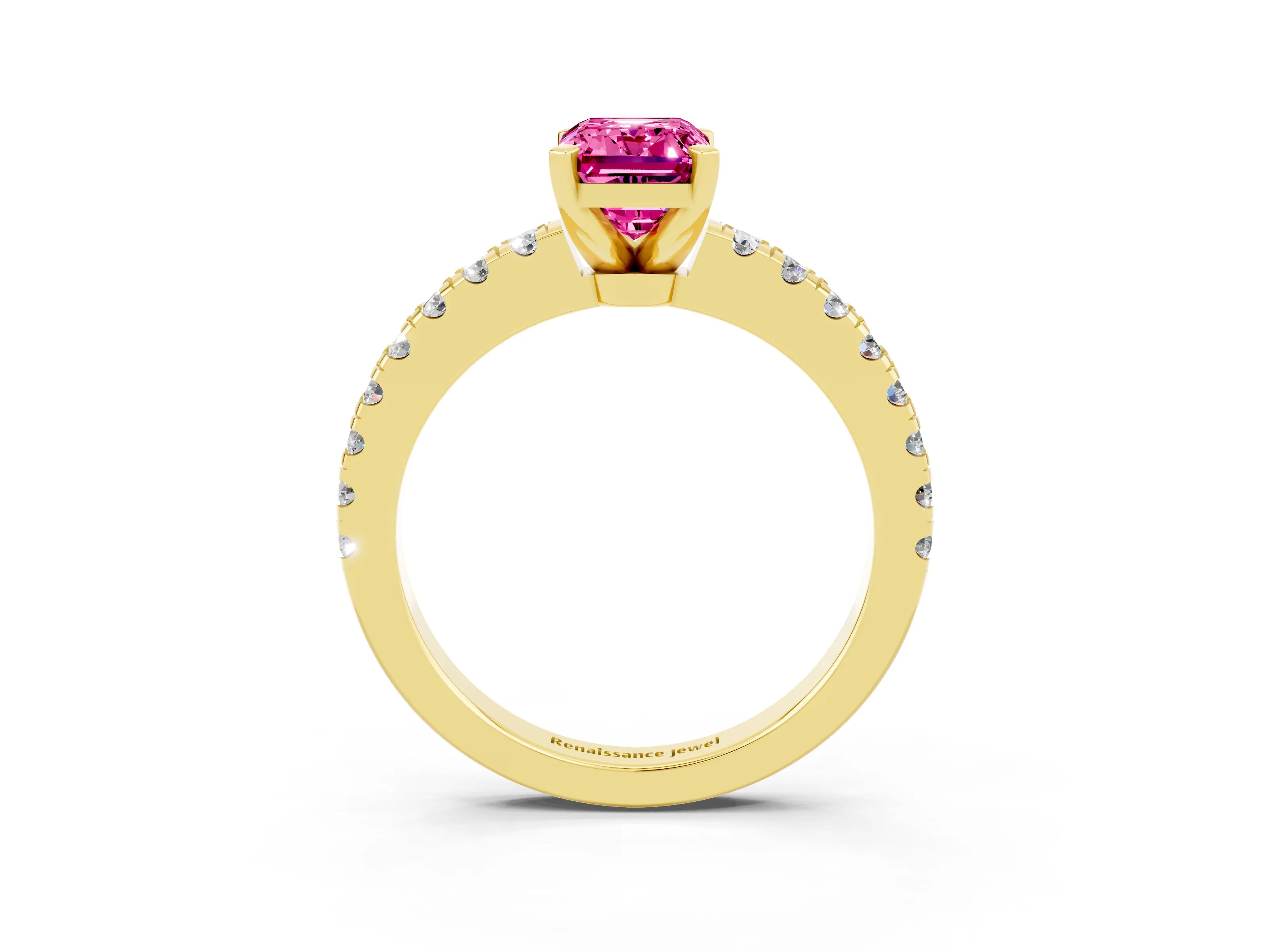 Yellow gold Emerald Cut Solitaire Diamond with Pavé Band and Four-Prong Setting_3