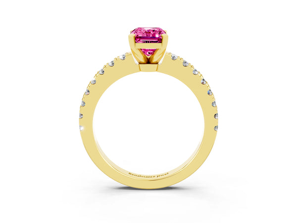Yellow gold Emerald Cut Solitaire Pink Sapphire with Pavé Band and Four-Prong Setting