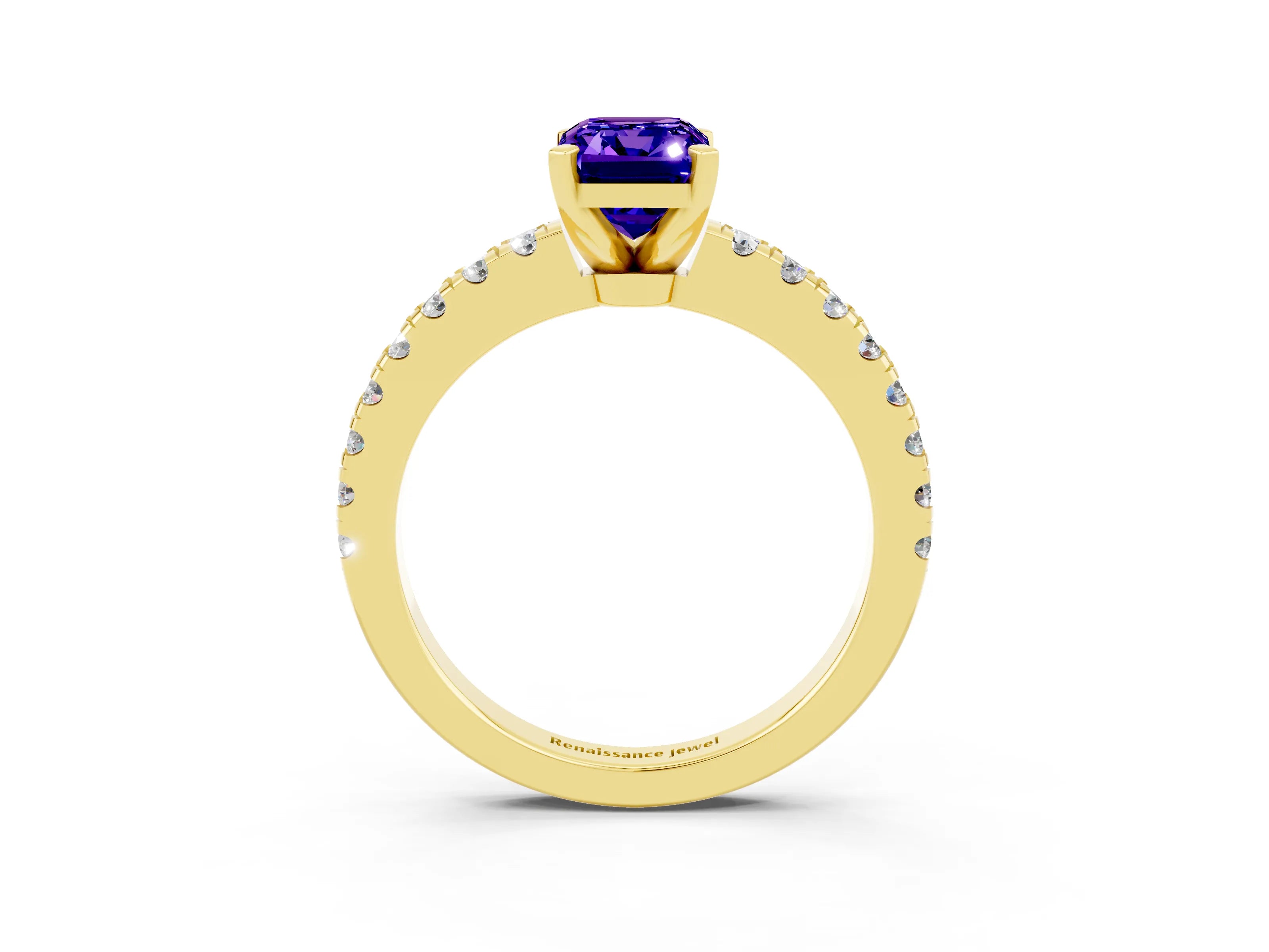 Yellow gold Emerald Cut Solitaire Diamond with Pavé Band and Four-Prong Setting_3
