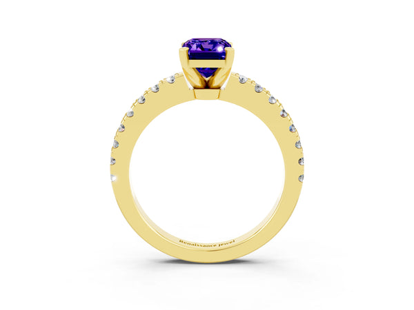 Yellow gold Emerald Cut Solitaire Tanzanite with Pavé Band and Four-Prong Setting