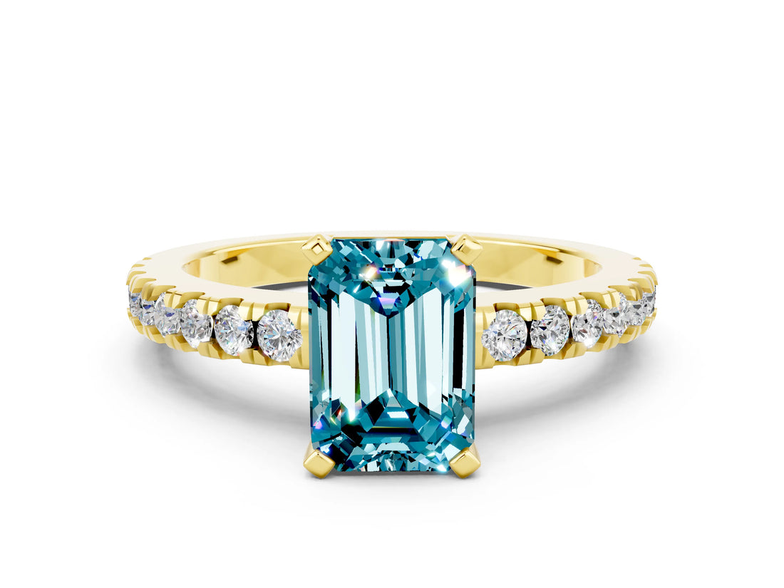 Yellow gold Emerald Cut Solitaire Diamond with Pavé Band and Four-Prong Setting