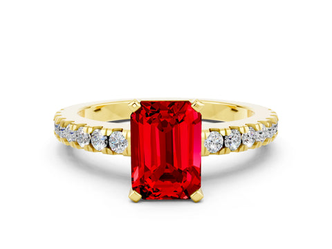 Yellow gold Emerald Cut Solitaire Diamond with Pavé Band and Four-Prong Setting