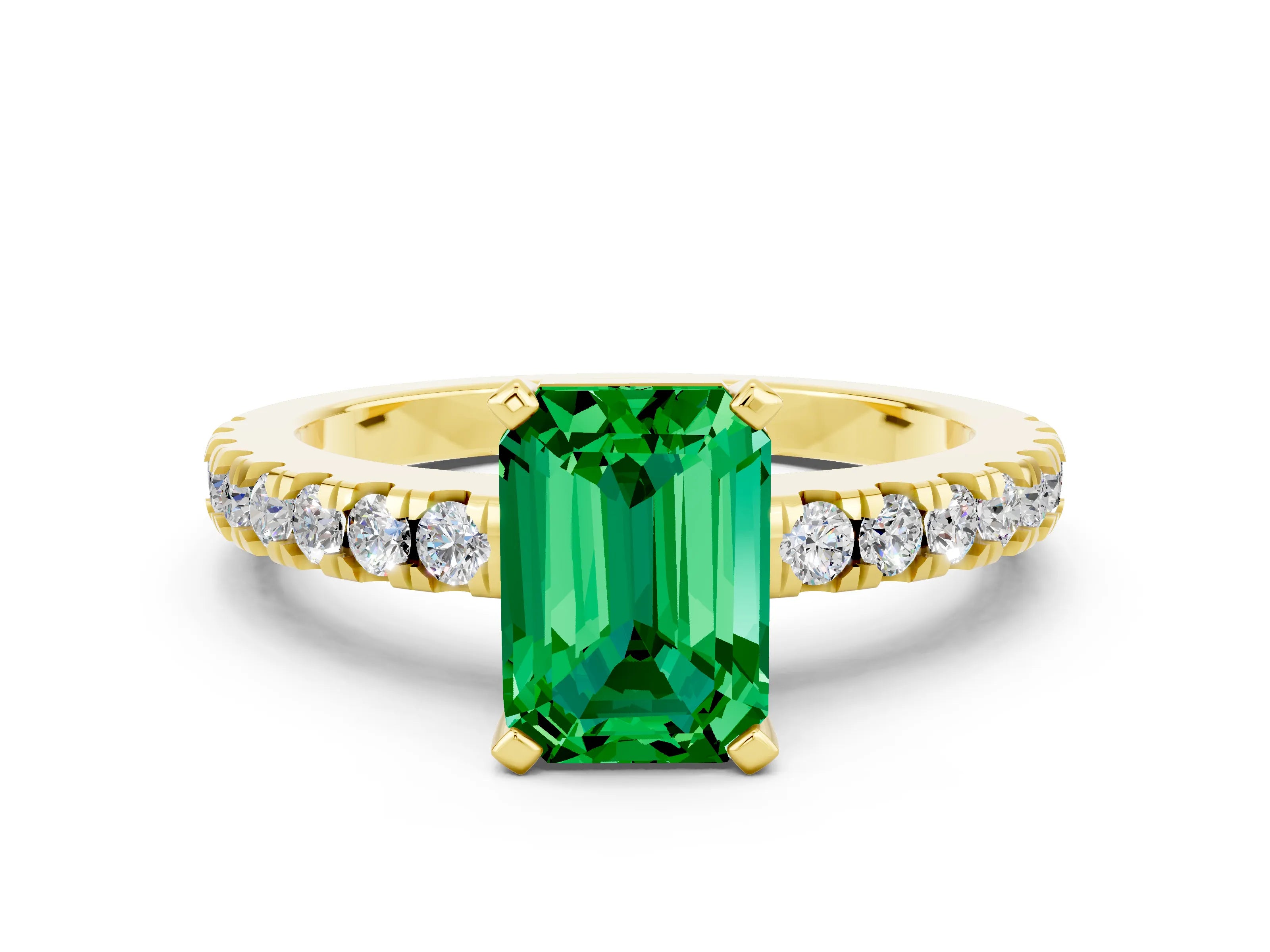 Yellow gold Emerald Cut Solitaire Diamond with Pavé Band and Four-Prong Setting