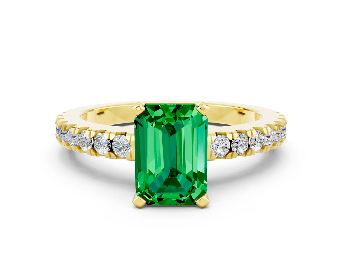 Yellow gold Emerald Cut Solitaire Diamond with Pavé Band and Four-Prong Setting