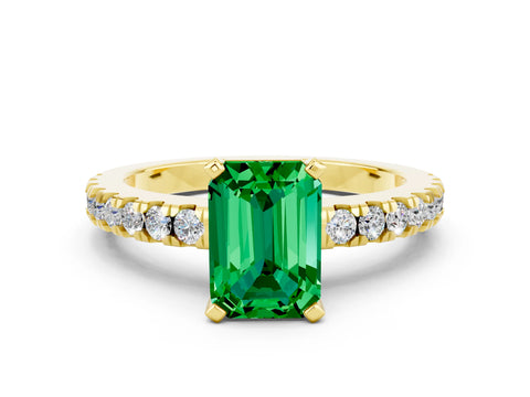 Yellow gold Emerald Cut Solitaire Diamond with Pavé Band and Four-Prong Setting