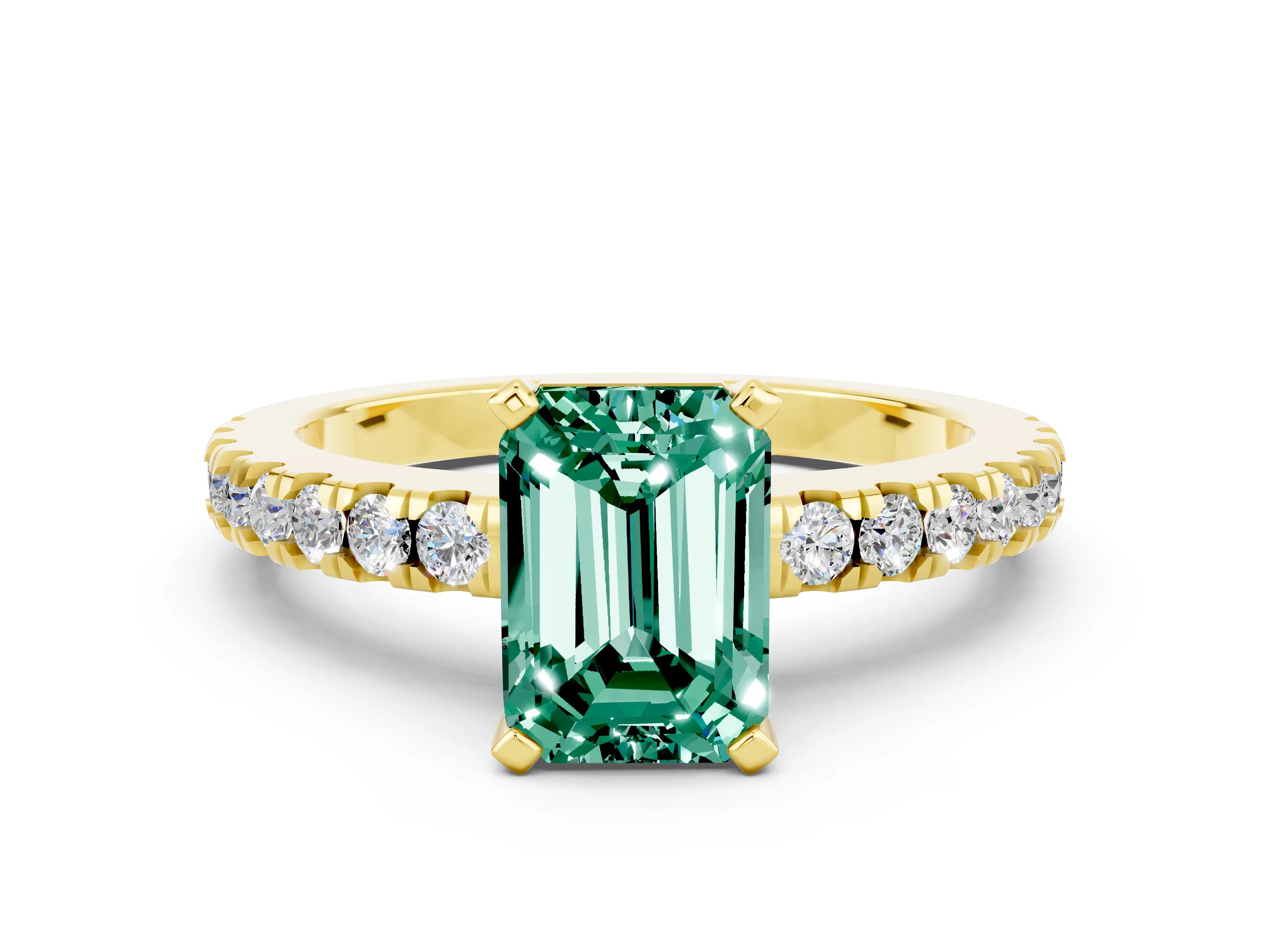 Yellow gold Emerald Cut Solitaire Diamond with Pavé Band and Four-Prong Setting