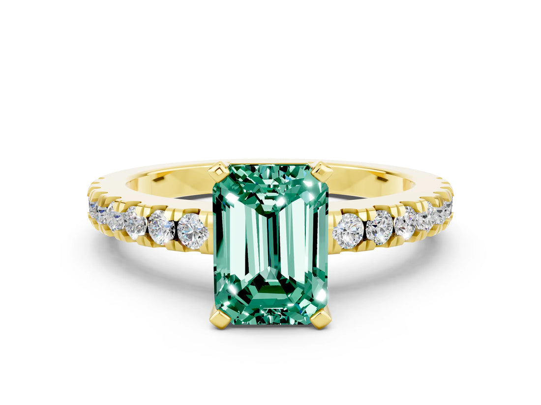 Yellow gold Emerald Cut Solitaire Diamond with Pavé Band and Four-Prong Setting