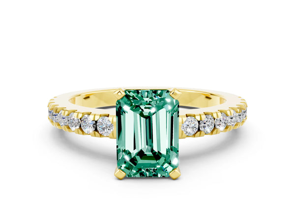 Yellow gold Emerald Cut Solitaire Green Sapphire with Pavé Band and Four-Prong Setting