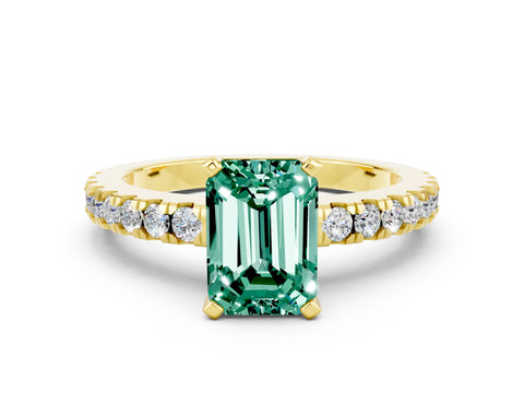 Yellow gold Emerald Cut Solitaire Diamond with Pavé Band and Four-Prong Setting