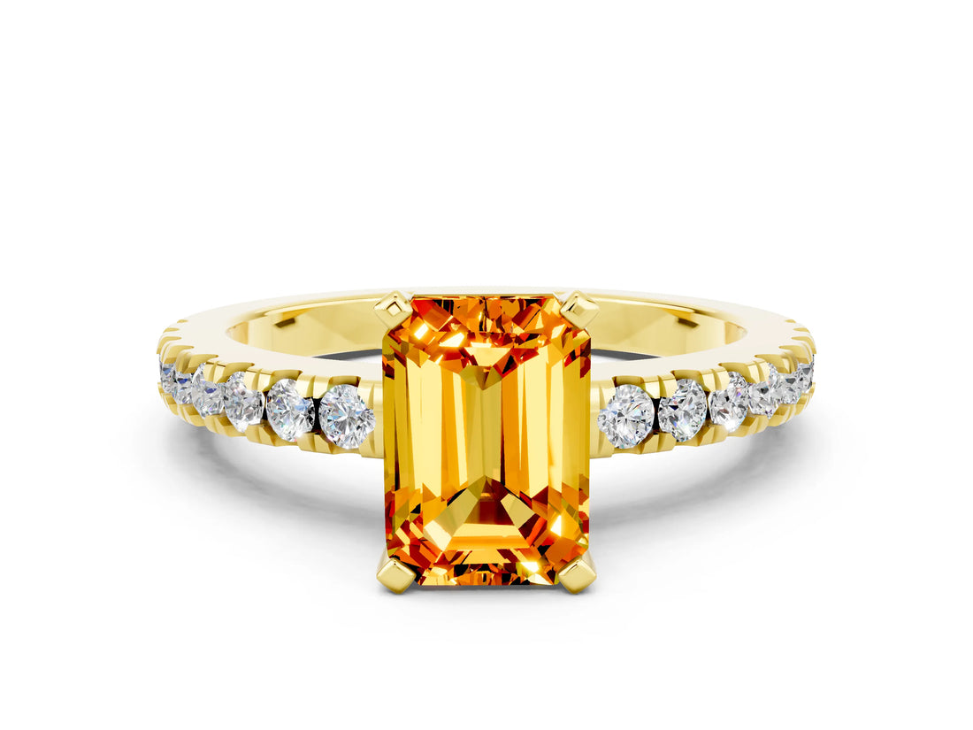 Yellow gold Emerald Cut Solitaire Diamond with Pavé Band and Four-Prong Setting