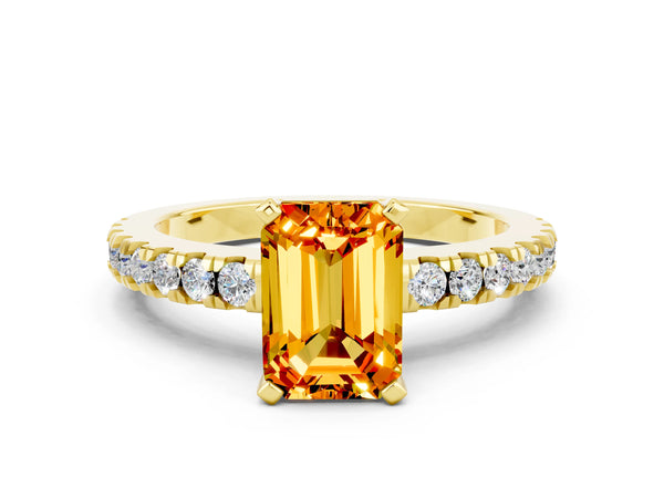 Yellow gold Emerald Cut Solitaire Citrine with Pavé Band and Four-Prong Setting