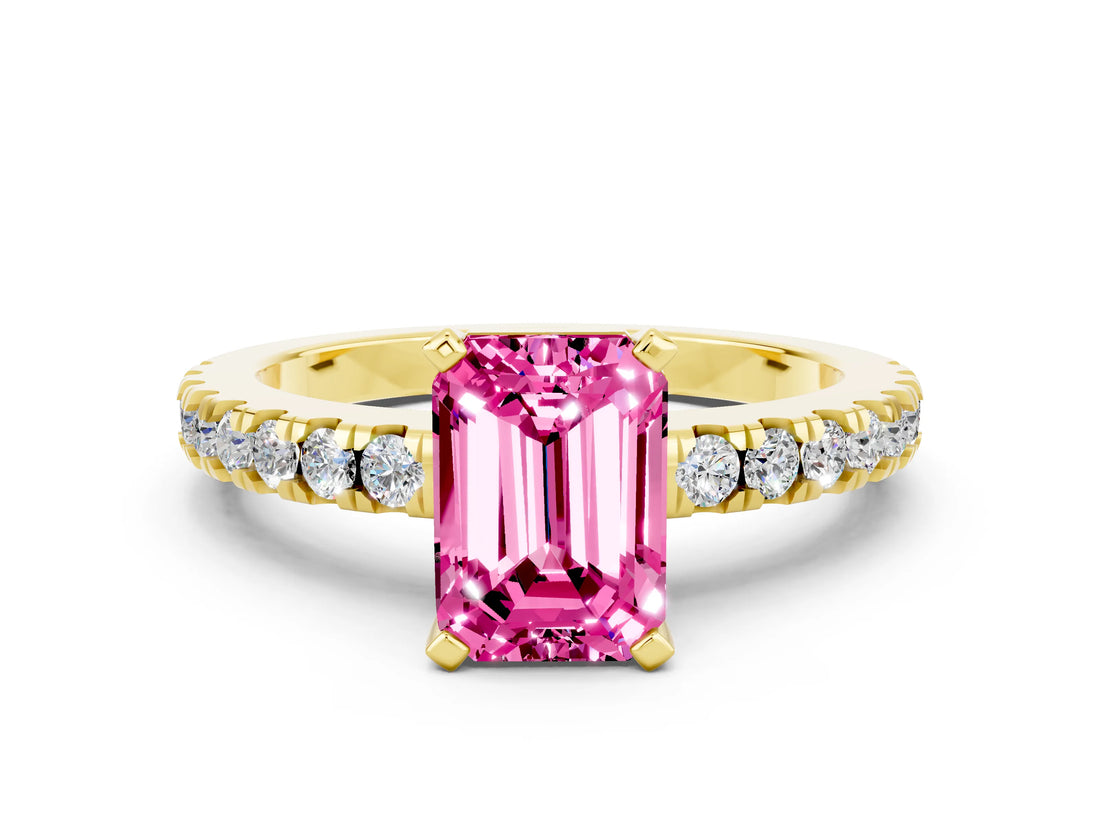 Yellow gold Emerald Cut Solitaire Diamond with Pavé Band and Four-Prong Setting