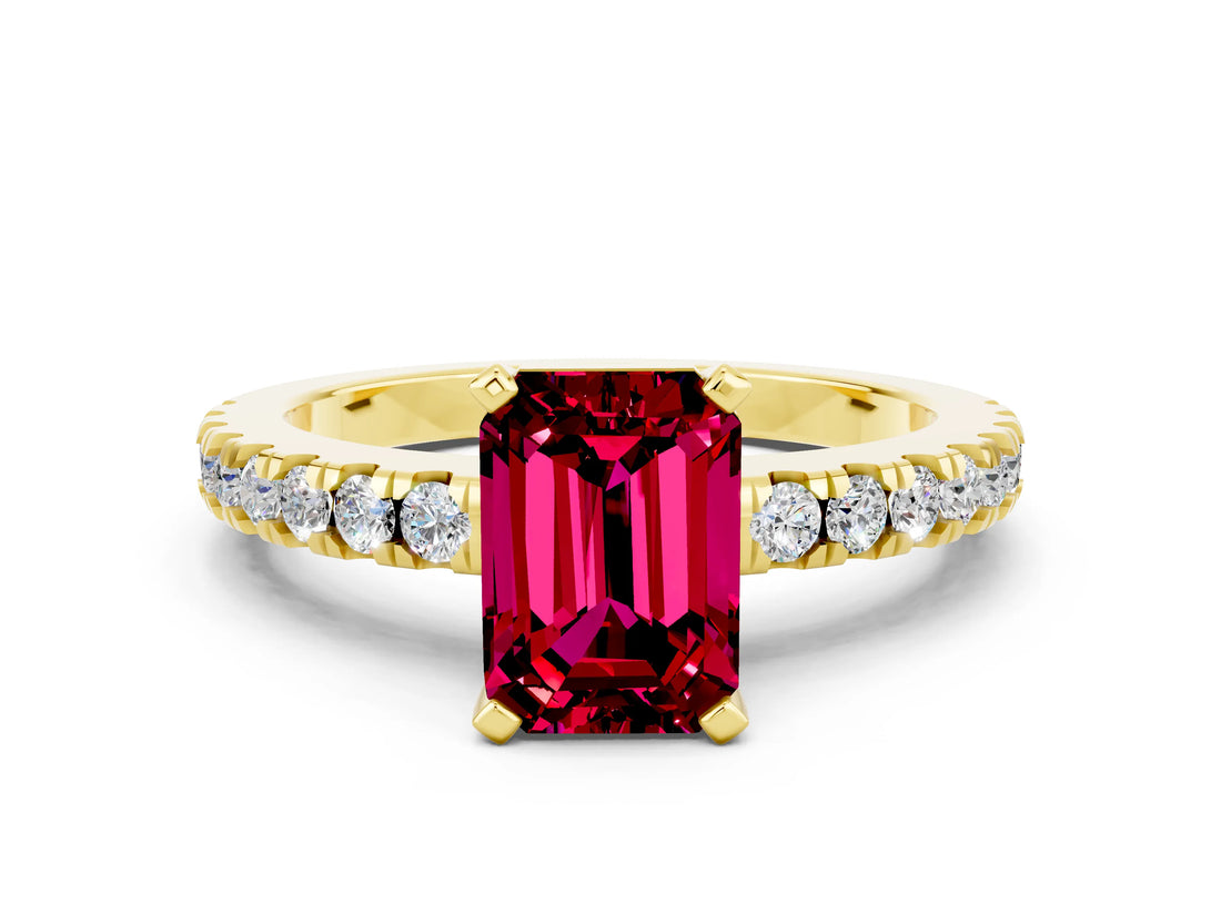 Yellow gold Emerald Cut Solitaire Diamond with Pavé Band and Four-Prong Setting
