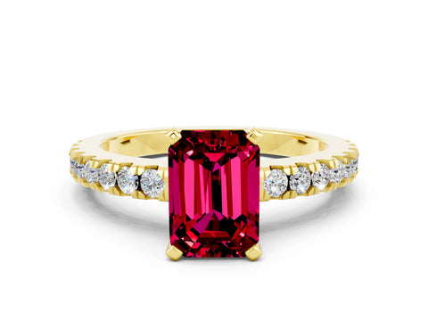 Yellow gold Emerald Cut Solitaire Diamond with Pavé Band and Four-Prong Setting