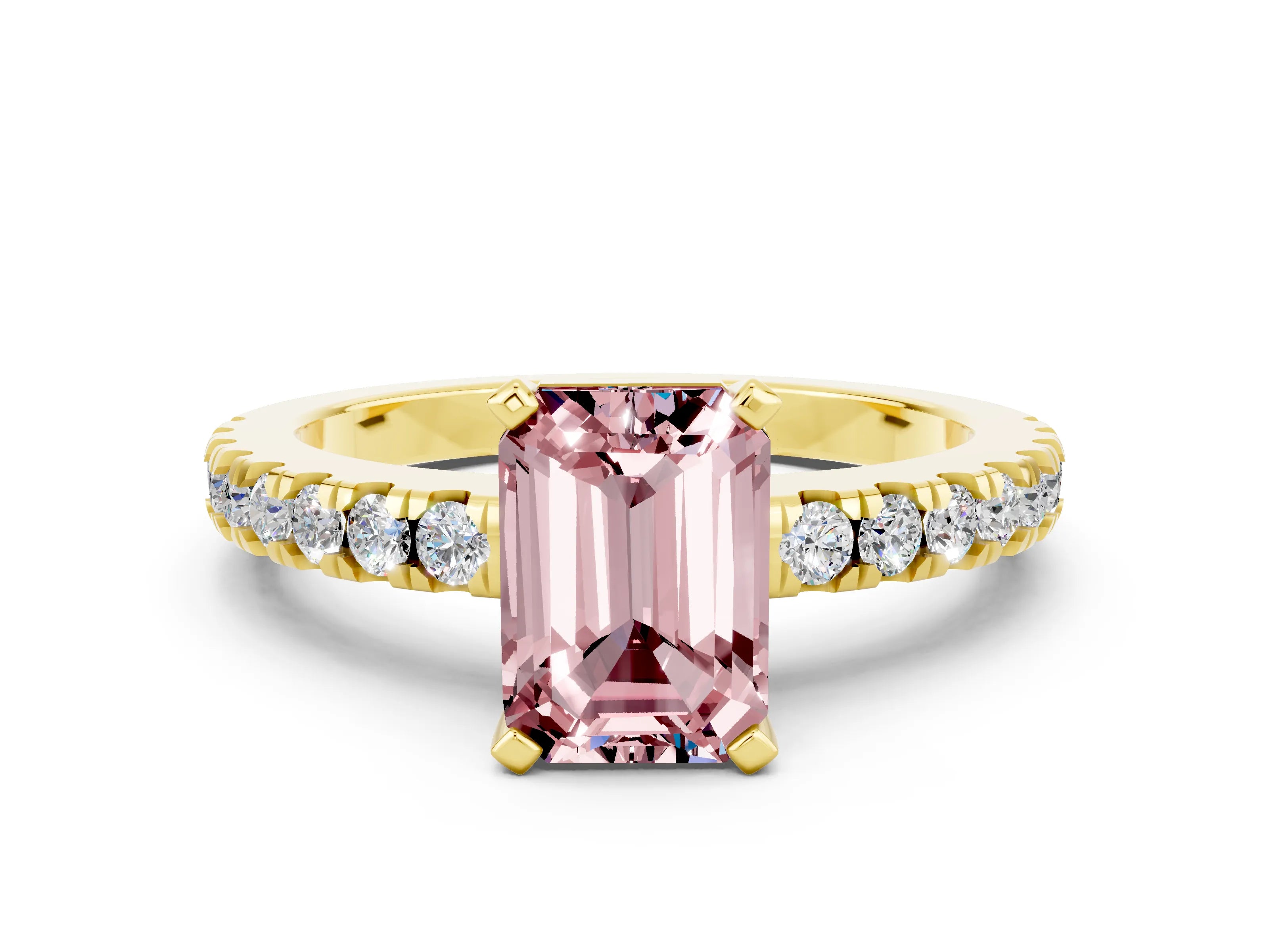 Yellow gold Emerald Cut Solitaire Diamond with Pavé Band and Four-Prong Setting