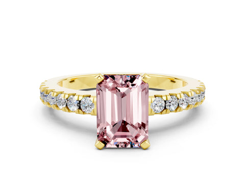 Yellow gold Emerald Cut Solitaire Diamond with Pavé Band and Four-Prong Setting