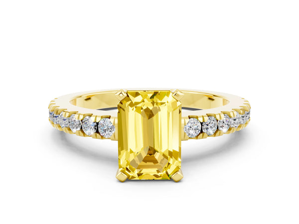 Yellow gold Emerald Cut Solitaire Yellow Sapphire with Pavé Band and Four-Prong Setting