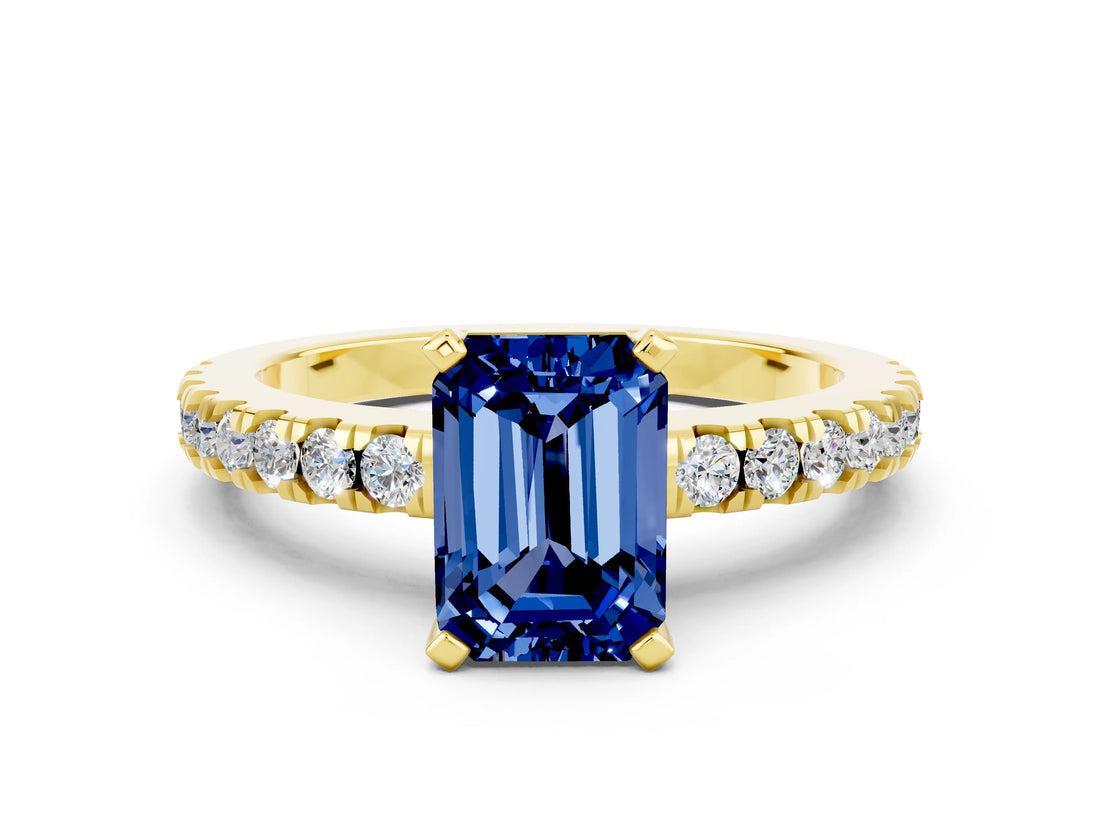 Yellow gold Emerald Cut Solitaire Diamond with Pavé Band and Four-Prong Setting