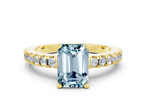Yellow gold Emerald Cut Solitaire Aquamarine with Pavé Band and Four-Prong Setting