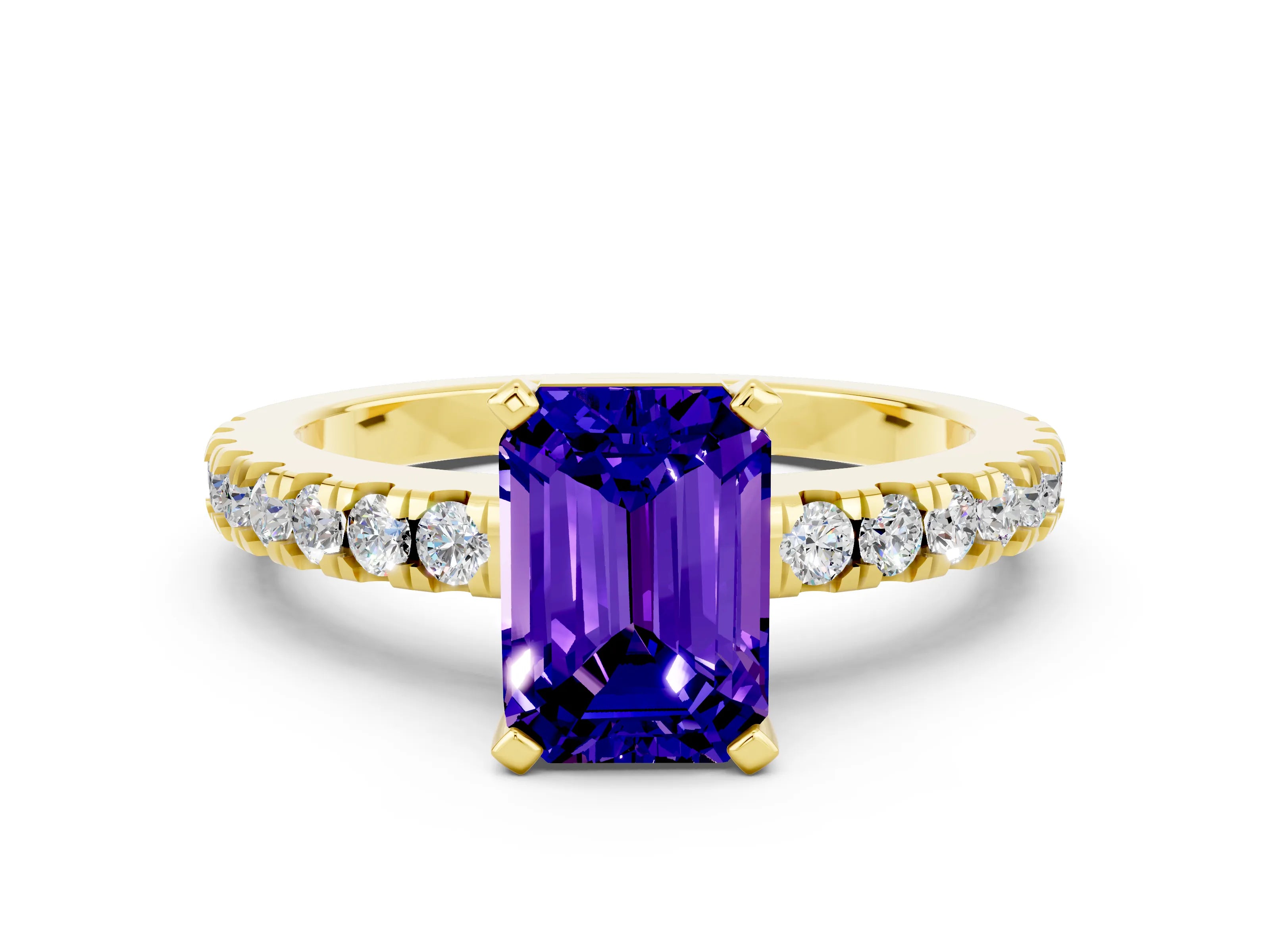 Yellow gold Emerald Cut Solitaire Diamond with Pavé Band and Four-Prong Setting