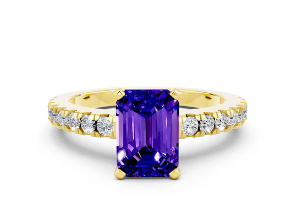 Yellow gold Emerald Cut Solitaire Tanzanite with Pavé Band and Four-Prong Setting