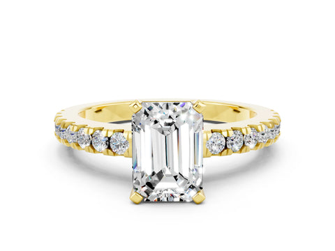 Yellow gold Emerald Cut Solitaire Diamond with Pavé Band and Four-Prong Setting