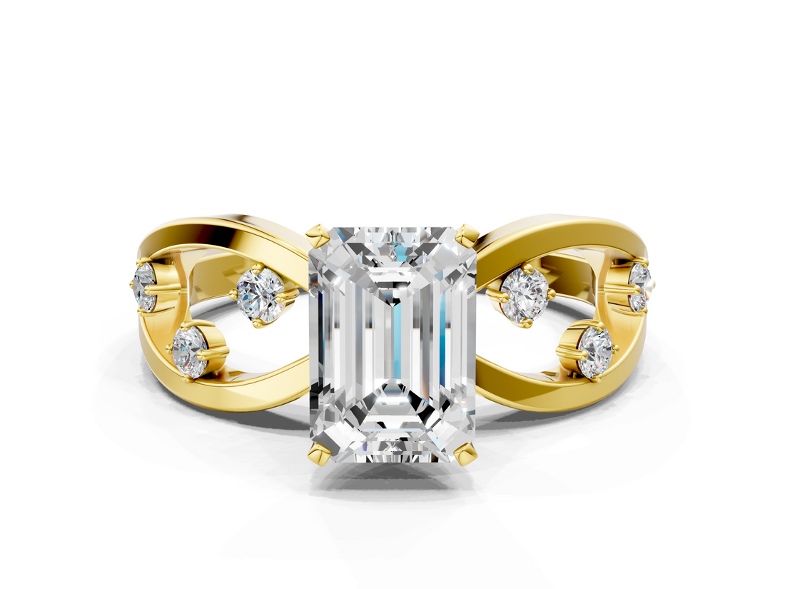 Yellow gold Emerald Cut Solitaire Diamond with Side Stones on Criss-Cross Band and Four-Prong Setting_17