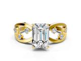 Yellow gold Emerald Cut Solitaire Diamond with Side Stones on Criss-Cross Band and Four-Prong Setting_17