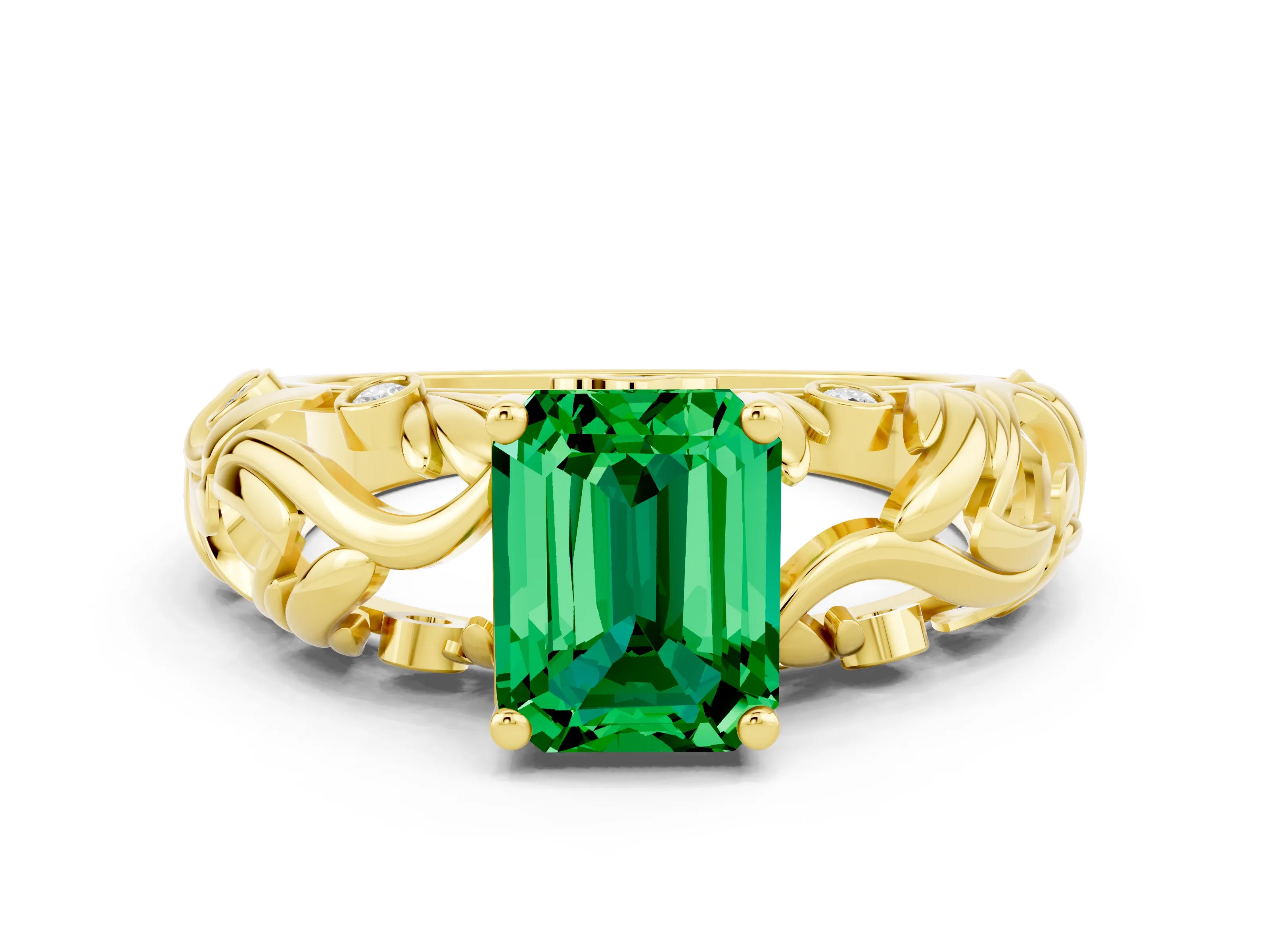 Yellow gold Emerald Cut Solitaire Emerald Leaf-Inspired Vine Band Ring with Prong Setting