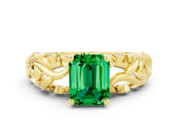 Yellow gold Emerald Cut Solitaire Emerald Leaf-Inspired Vine Band Ring with Prong Setting