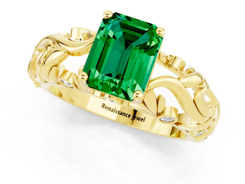 Yellow gold Emerald Cut Solitaire Emerald Leaf-Inspired Vine Band Ring with Prong Setting_1