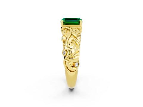 Yellow gold Emerald Cut Solitaire Emerald Leaf-Inspired Vine Band Ring with Prong Setting_2