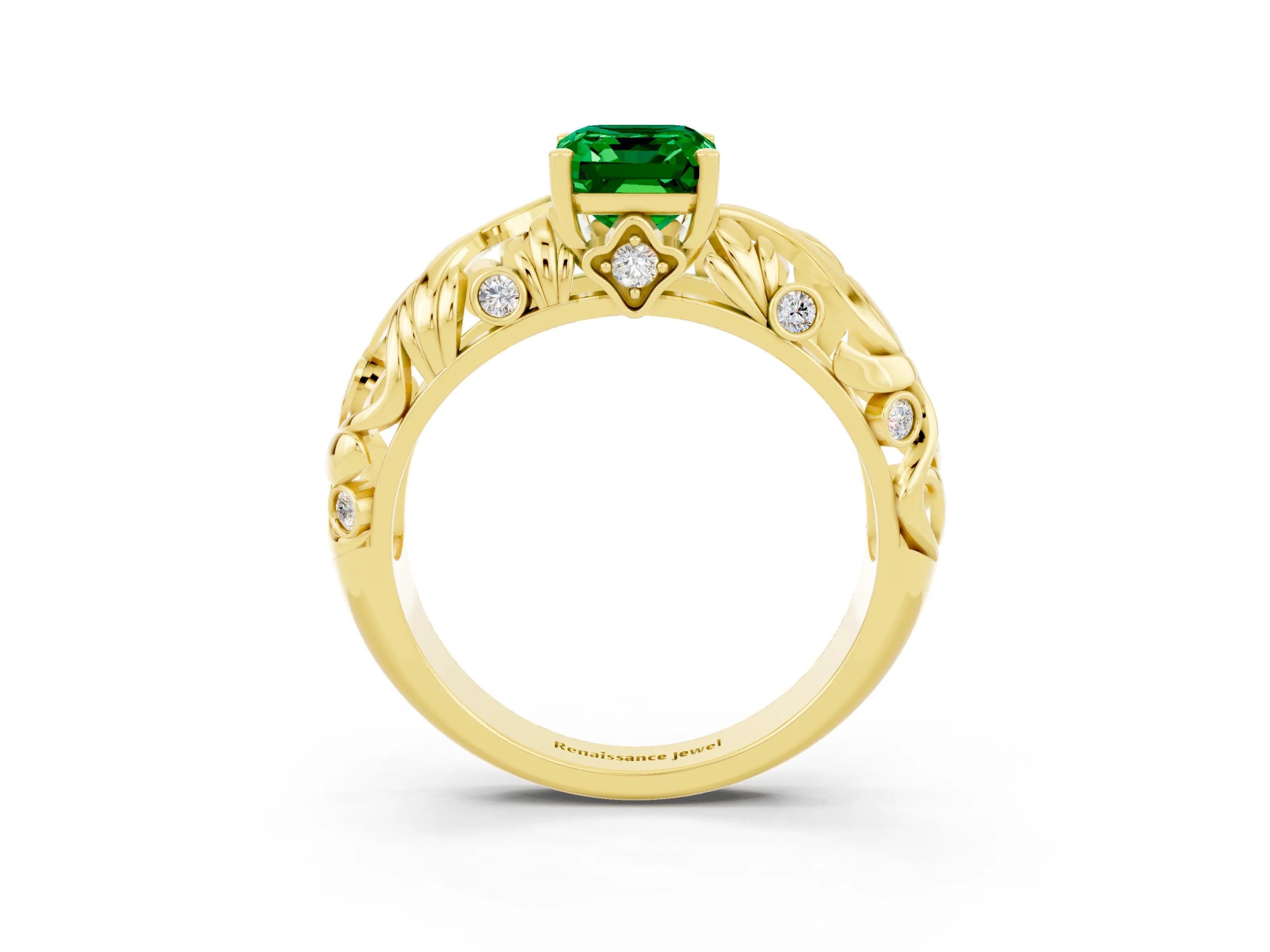 Yellow gold Emerald Cut Solitaire Emerald Leaf-Inspired Vine Band Ring with Prong Setting_3