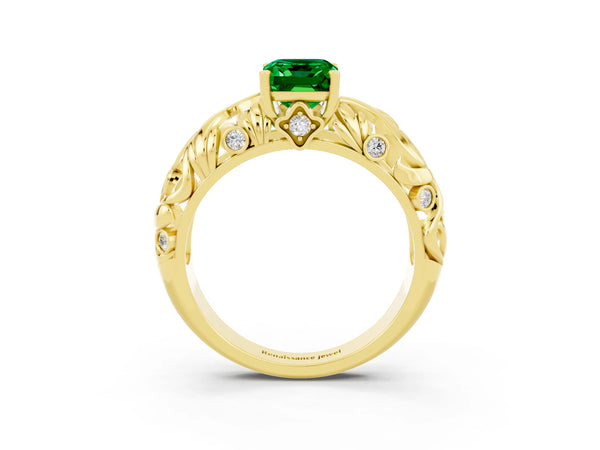 Yellow gold Emerald Cut Solitaire Emerald Leaf-Inspired Vine Band Ring with Prong Setting