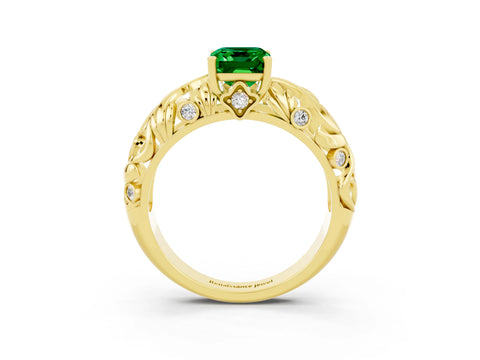 Yellow gold Emerald Cut Solitaire Emerald Leaf-Inspired Vine Band Ring with Prong Setting_3