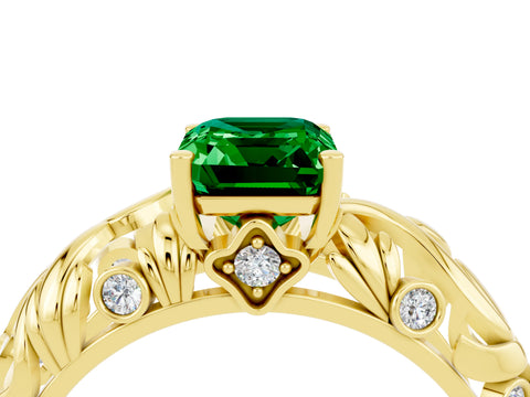 Yellow gold Emerald Cut Solitaire Emerald Leaf-Inspired Vine Band Ring with Prong Setting_4
