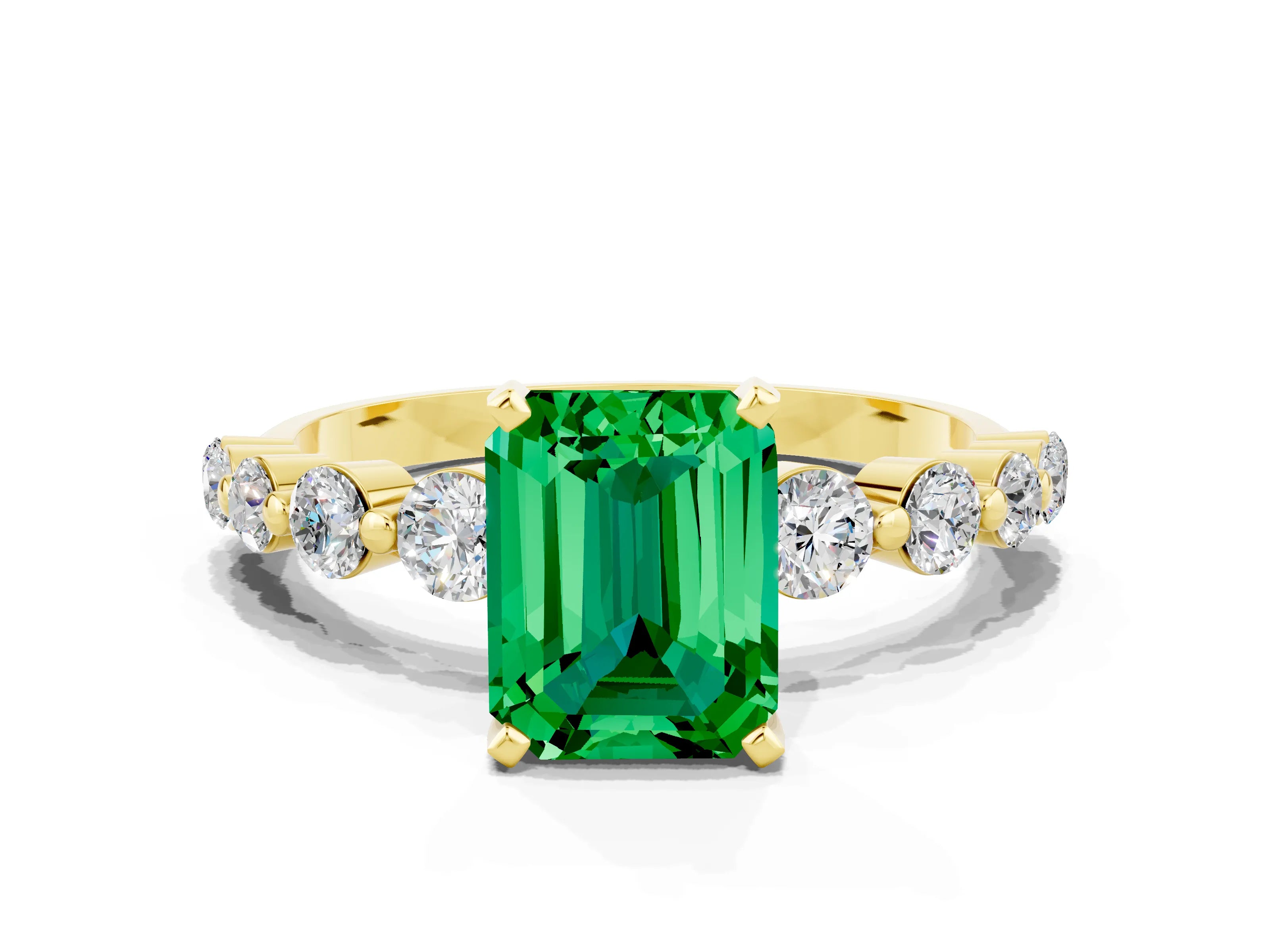 Yellow gold Emerald Cut Solitaire Emerald Ring with Pave Band and Four-Prong Setting