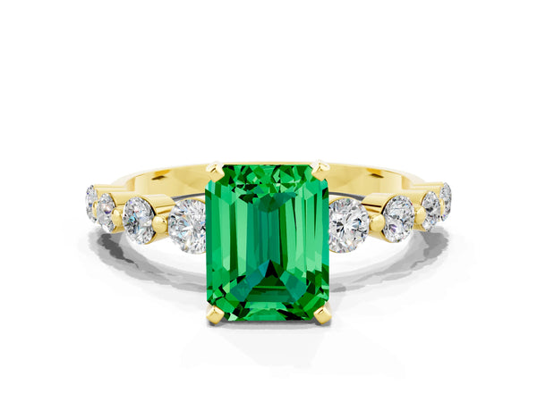Yellow gold Emerald Cut Solitaire Emerald Ring with Pave Band and Four-Prong Setting