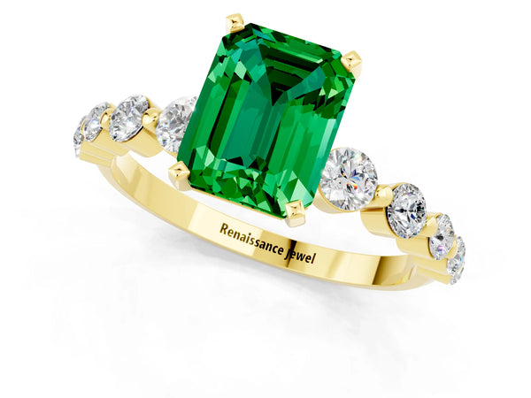 Yellow gold Emerald Cut Solitaire Emerald Ring with Pave Band and Four-Prong Setting