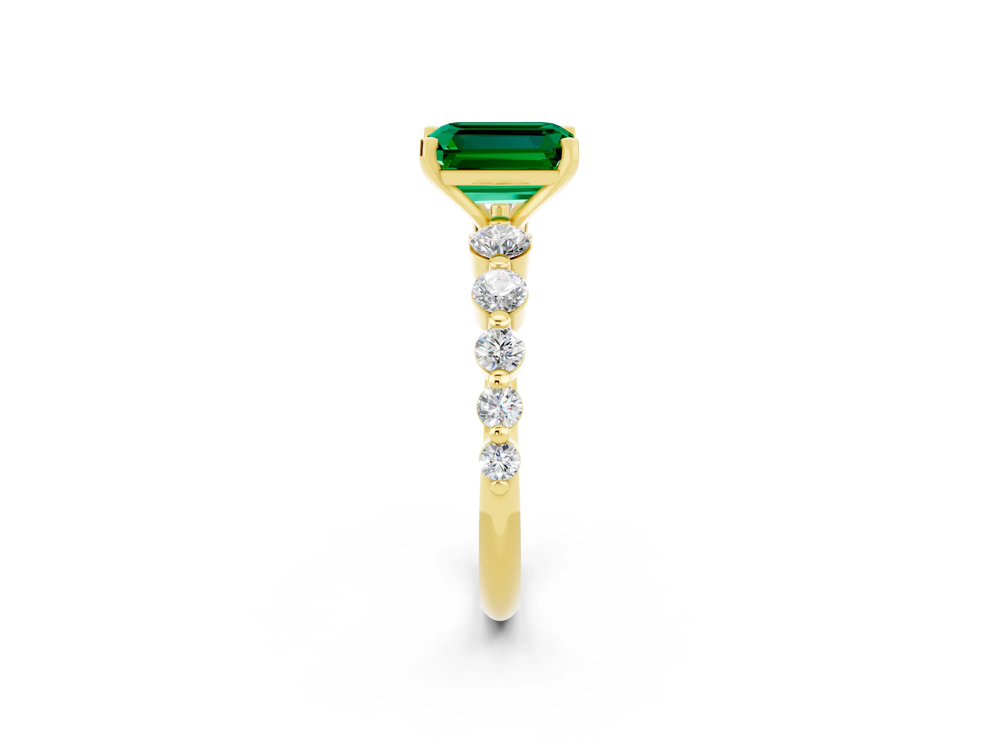 Yellow gold Emerald Cut Solitaire Emerald Ring with Pave Band and Four-Prong Setting_2